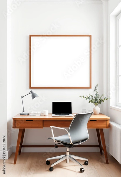 Fototapeta An elegant home office space in minimalist design, with a frame mockup above a sleek wooden desk. The desk is styled with a laptop, a cup of coffee, and a small stack of books.