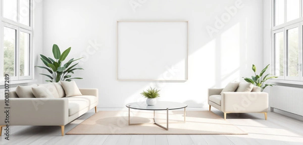 Fototapeta A modern white living room with a minimalist aesthetic, featuring a large blank frame mockup on a smooth white wall. The room includes a neutral-toned sofa, a round glass coffee table.