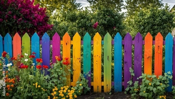 Fototapeta A colorful wooden fence painted in rainbow hues enclosing a community garden, AI Generated