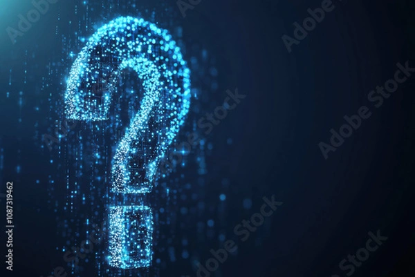 Fototapeta A glowing blue question mark composed of digital particles against a dark background, symbolizing inquiry and technology.