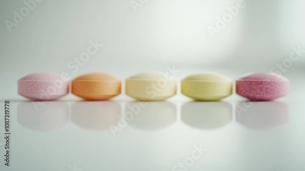 Fototapeta Colorful capsules and round tablets neatly arranged in a straight row on a smooth white surface, highlighting vibrant pastel colors and clean textures for a professional pharmaceutical layout.
