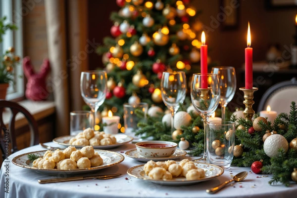 Fototapeta Elegancki stół wigilijny nakryty białym obrusem, udekorowany świerkowymi gałązkami, świecami i czerwonymi akcentami. Na stole potrawy świąteczne: pierogi, karp, barszcz, a w tle oświetlona choinka.