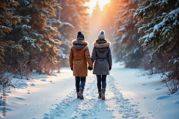 Fototapeta Para w zimowych płaszczach spaceruje ręka w rękę po zaśnieżonym lesie, a wokół panuje cisza i magia zimy. Śnieg delikatnie opada z nieba, a w tle widać lekko ośnieżone drzewa iglaste.
