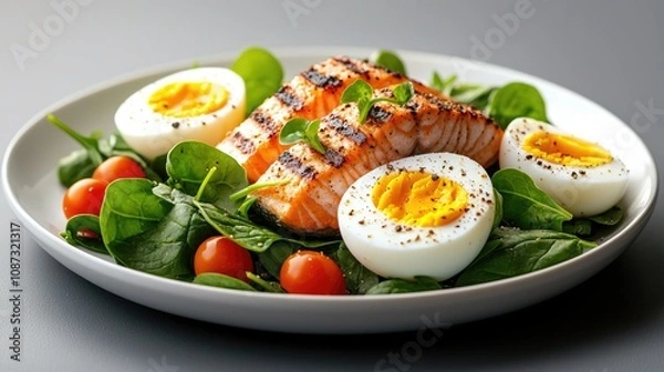 Fototapeta A vibrant plate featuring grilled salmon, halved boiled eggs, fresh spinach, and cherry tomatoes, showcasing a healthy and appetizing meal.