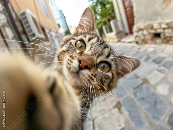 Obraz Charming cat selfie capturing whisker details, playful curiosity, and natural outdoor lighting in a close-up angle for social media viral.