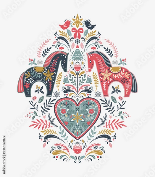 Fototapeta Vector Christmas composition with hand drawn holiday elements, snowflakes. Scandinavian folk ornament.