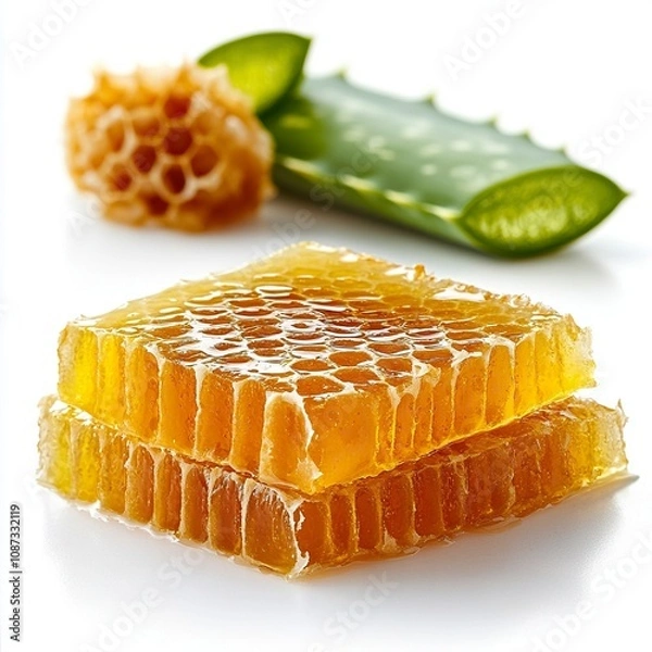 Fototapeta two pieces of cut Aloe Vera leaves with a juicy honey comb in the background, isolated on white background, to be used on a packaging label,generative ai