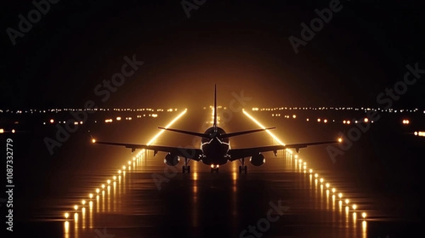 Obraz Low angle view of a passenger plane at night on a runway, illuminated by glowing runway lights extending symmetrically into the darkness  .