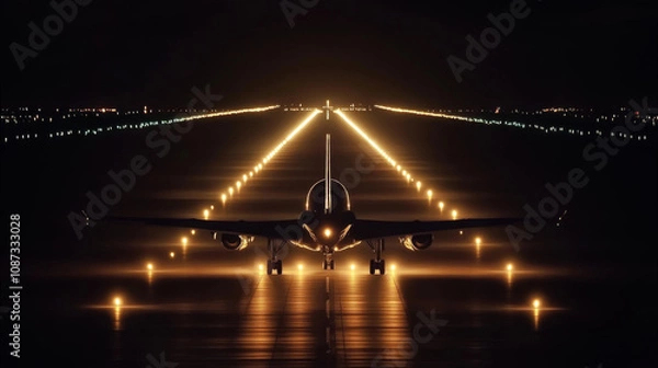 Obraz Passenger airplane positioned on a runway at night, surrounded by glowing lights in a symmetrical pattern under a dark sky  .