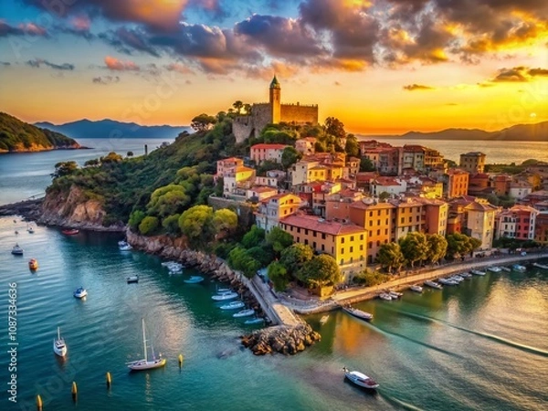 Obraz Stunning Aerial View of Lerici at Dusk Showcasing the Serene Coastline, Vibrant Sunset Colors, and Charming Seaside Architecture in Italy's Beautiful Bay Area