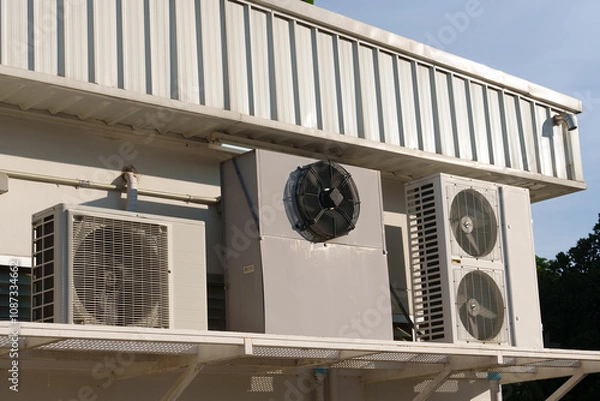 Obraz Air compressor or air condenser unit located on support outside building to heat released transferred to surrounding environment, Compressor is part of cooling function and air conditioning HVAC syste