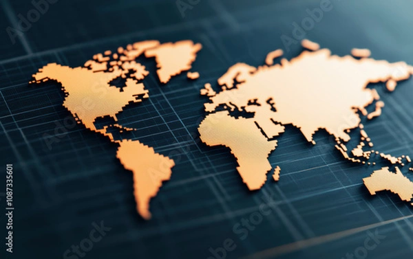 Fototapeta Stylized world map rendered in metallic hues, highlighting global geography with elegant simplicity, ideal for travel, business, and educational themes.