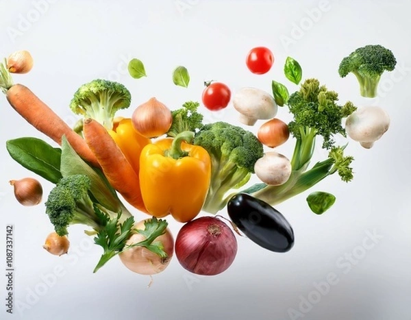Fototapeta fresh juicy vegetables float in the air on a white background assorted healthy ingredients for vegan stew healthy eating natural organic products the concept of abundance and freshness