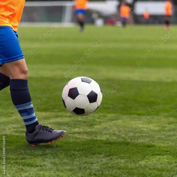 Fototapeta football player in green uniform with a ball on the field
