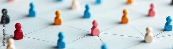 Fototapeta Colorful wooden figures connected by lines on a light background, representing relationships, networking, and collaboration in a modern context.