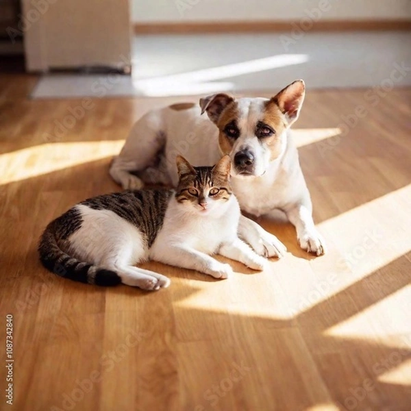 Fototapeta A full shot photo of a dog and cat lying side by side in a sunny spot, shallow focus, low angle shot emphasizing their relaxed full-body poses and the surrounding environment.