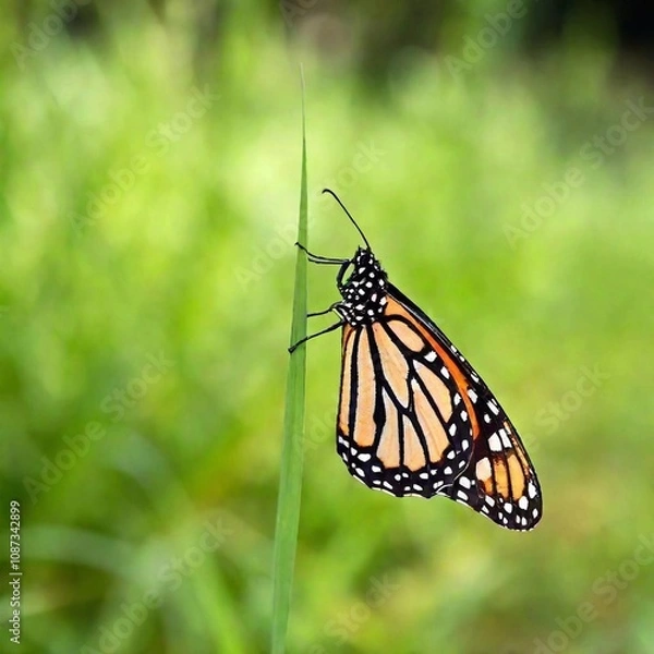 Fototapeta A macro photo of a butterfly resting on a blade of grass, soft focus blurring the background to a wash of green hues, low angle shot from beneath the grass level, giving the butterfly an almost toweri