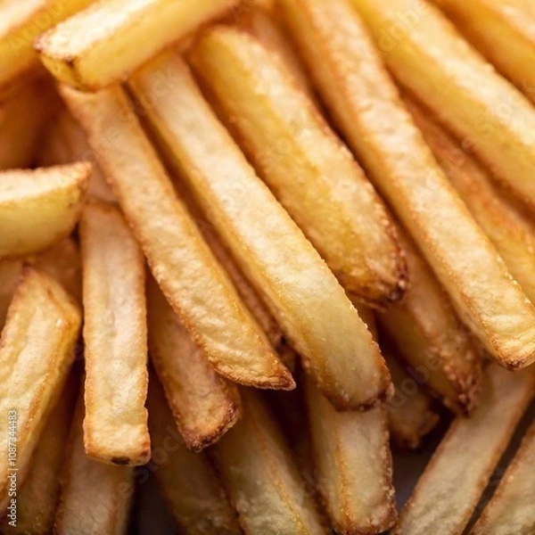 Obraz a macro shot from below a pile of crispy, golden French fries, looking up at the stack. Highlight the details of the texture, the golden color, and the glistening oil on the fries