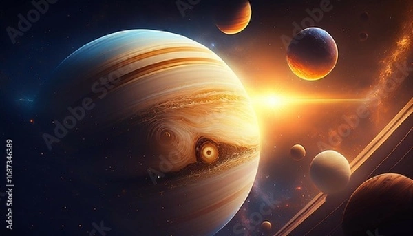Fototapeta planets like jupiter and its moons with the sun in the background and a large planet in the foreground space dust flies around the planets creating a cinematic warm colored scene with soft lighting