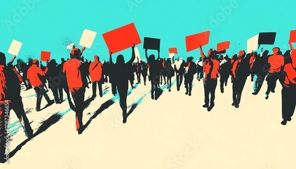 Fototapeta A vibrant illustration of a diverse group of people raising signs in protest, symbolizing unity, activism, and social change.  Bold colors and dynamic composition.