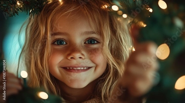 Fototapeta A radiant child peeks through the branches of a Christmas tree, with twinkling lights capturing the essence of joyful anticipation and holiday cheer.