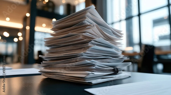 Fototapeta Large stack of paper documents on a table in a modern office environment with blurred background