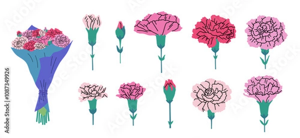 Fototapeta Cartoon Color Different Carnation Set Symbol of Mothers Day Concept Flat Design Style Include of Bouquet and Bud. Vector illustration