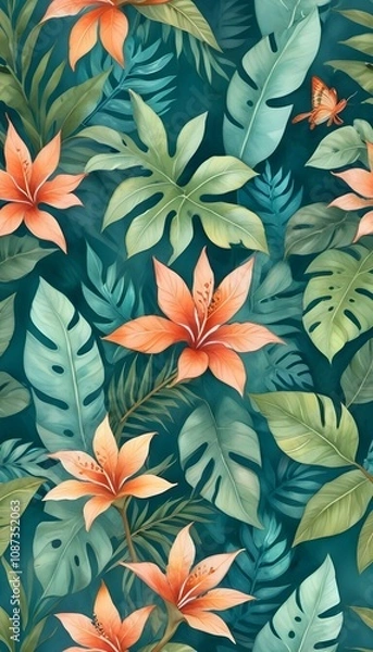 Fototapeta Tropical exotic pattern with animal and flowers in bright colors and lush vegetation