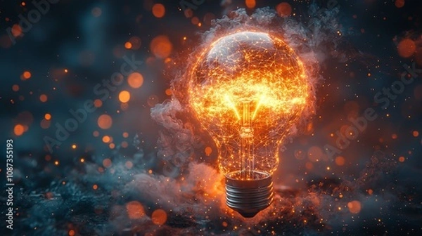 Fototapeta Abstract Representation of Innovation Concept Featuring a Glowing Lightbulb Surrounded by Dynamic Sparks and Colorful Environments