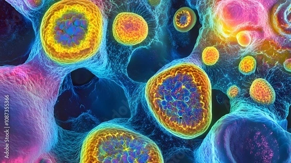 Fototapeta Glowing induced pluripotent stem cells, intricate structures, vibrant hues, microscope