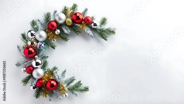 Fototapeta Festive Christmas Tree Branches with Vibrant New Year's Decorations on White