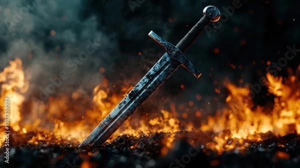 Fototapeta An angled sword captivates amid swirling flames and dark smoke, symbolizing bravery, conflict, and perseverance through fiery hardship.