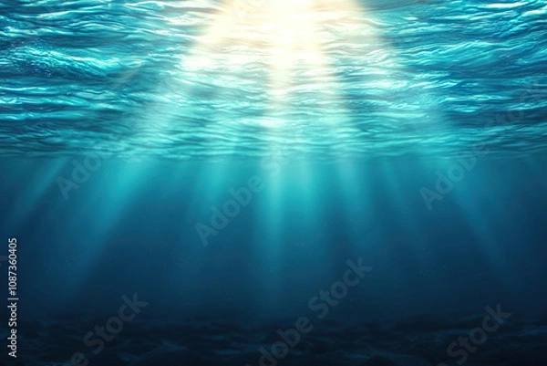 Fototapeta Beneath deep blue water, sunlight filters through surface, creating serene underwater scene. tranquil ambiance evokes sense of calm and wonder