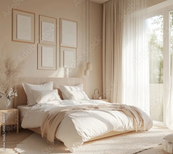 Fototapeta A modern and minimalist bedroom with an elegant bed, soft beige walls, white curtains, a wooden headboard, warm lighting, large windows allowing natural light, and framed posters on the wall above it.