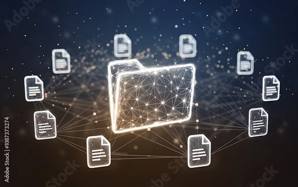 Obraz Digital Document Network:  A glowing folder icon at the center, surrounded by interconnected document icons, illustrating the concept of a secure and efficient digital document management system.