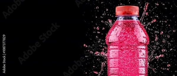 Fototapeta Refreshing sports drink bottle with vibrant red liquid splashing around it, set against a dark background for dynamic and energetic appeal ideal for advertisements and promotions.