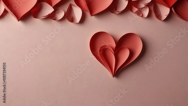 Obraz Red hearts background, paper cut romantic concept, top view. Beautiful cute hearts on pastel pink table flat lay composition. Valentines Day greeting card concept. Mothers Day