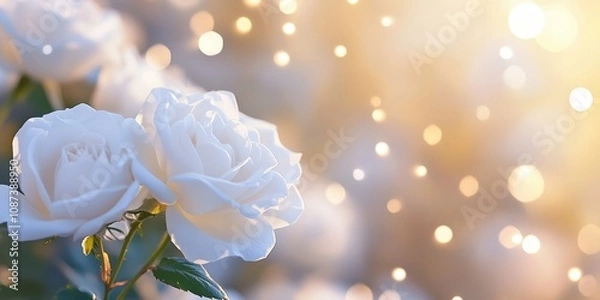 Fototapeta Beautiful White Roses with Gentle Bokeh Background for a Romantic and Elegant Mood in Soft Light, Perfect for Floral and Wedding Themes