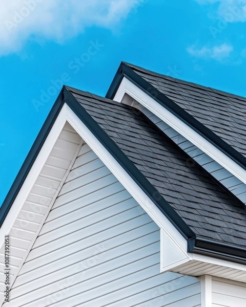 Obraz A close-up view of a modern house's roof, showcasing sharp angles and a clean design against a bright blue sky.