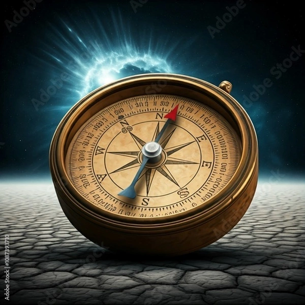 Fototapeta Ancient Compass on a Dead Planet with Cosmic Waves in the Background