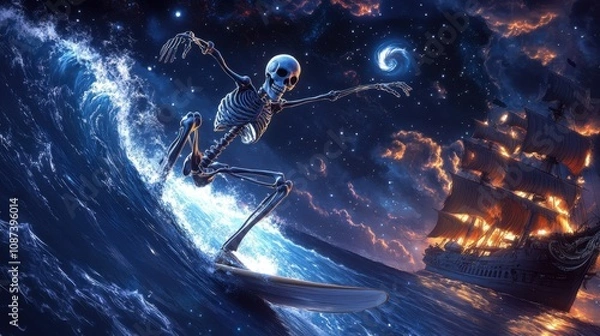 Fototapeta A skeleton surfs a massive wave under a starry sky, with a burning pirate ship in the background
