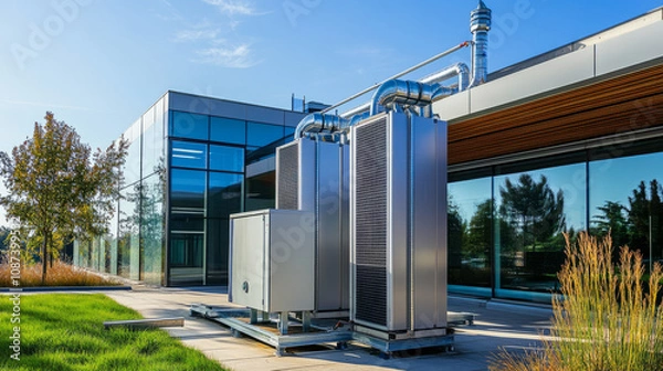 Fototapeta Geothermal heating and cooling system in action at a modern building, with visible heat exchange units and piping