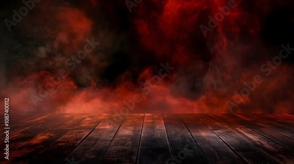 Obraz Dark wooden floor with a backdrop of red smoke, creating a mysterious and ominous atmosphere.