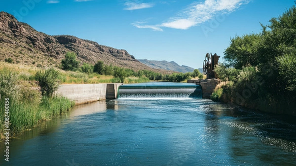 Fototapeta Small-scale hydroelectric system on a serene river, with a turbine generating clean energy for nearby homes