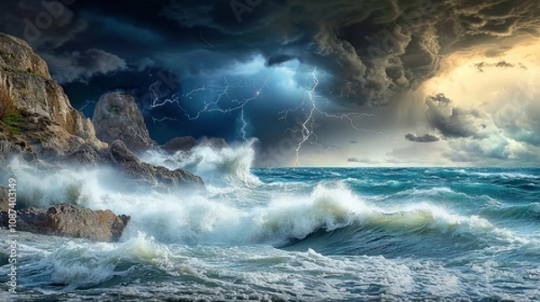 Fototapeta Dramatic ocean storm scene with lightning striking over rocky coastline and crashing waves.