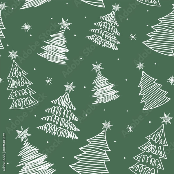 Fototapeta New Year.Cute and beautiful christmas trees seamless pattern, hand drawn doodle sketch and decorated trees - great for textiles, banners, wallpapers, cards - vector surface design. Green background.
