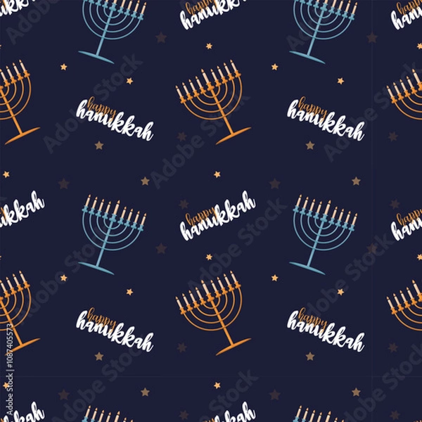 Fototapeta Happy Hanukkah Seamless Pattern with Menorahs traditional holiday symbols.Hanukkah background with holiday candles and David stars.