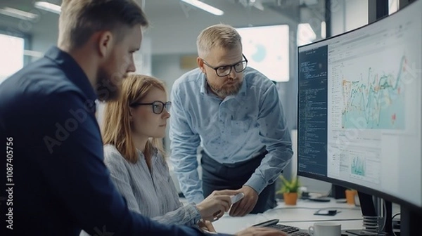 Fototapeta A group of professional business partners or colleagues analyzing data and monitoring a blockchain based system for transparent real time supply chain management and optimization
