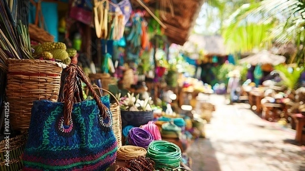 Fototapeta Bustling local market filled with a vibrant display of handmade artisanal crafts textiles and organic produce promoting sustainable travel and supporting the local community and traditions