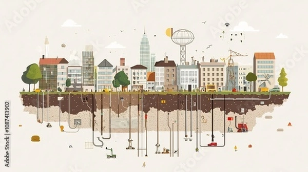 Fototapeta Cross section view of a modern city with an intricate network of geothermal heating pipes running underground providing sustainable warmth to the buildings and infrastructure above